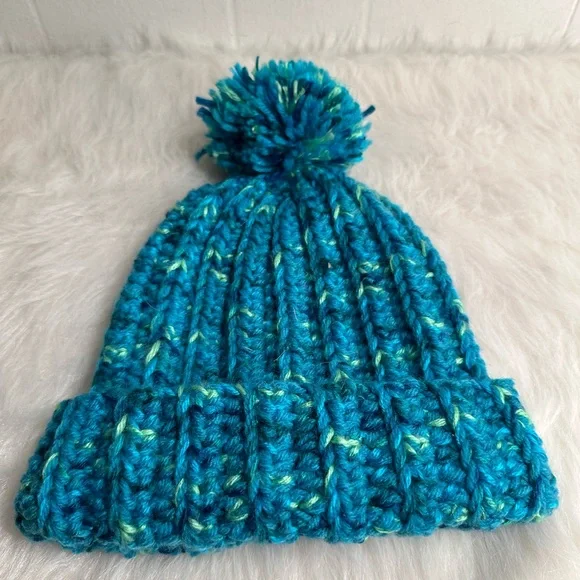 Handmade crochet ribbed blue adult hat with pompom needlework knit crafts - Picture 4 of 5